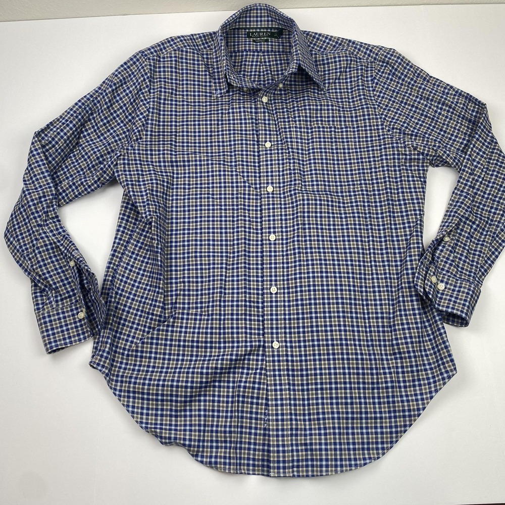 Lauren Ralph Lauren Shirt Mens 16 34/35 Blue Gingham Classic Fit Non Iron Dress